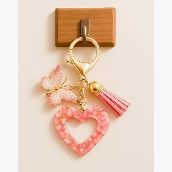 🆕 Heart Resin Keychain with Tassel and Butterfly Charm Bag Accessory for Purse - Picture 6 of 6